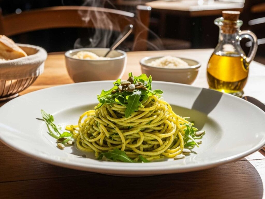 Spaghetti z pesto z rukoli i pestkami dyni w kilka minut